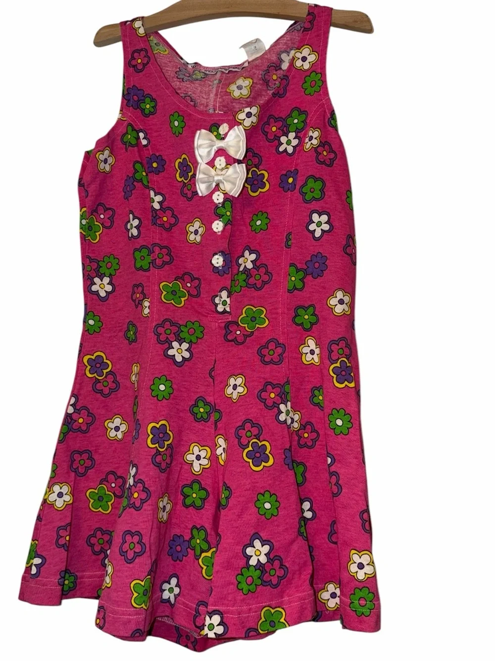 Vtg Stacey’s things pink neon floral bow button shorts romper sz 12 Y2K 90’s